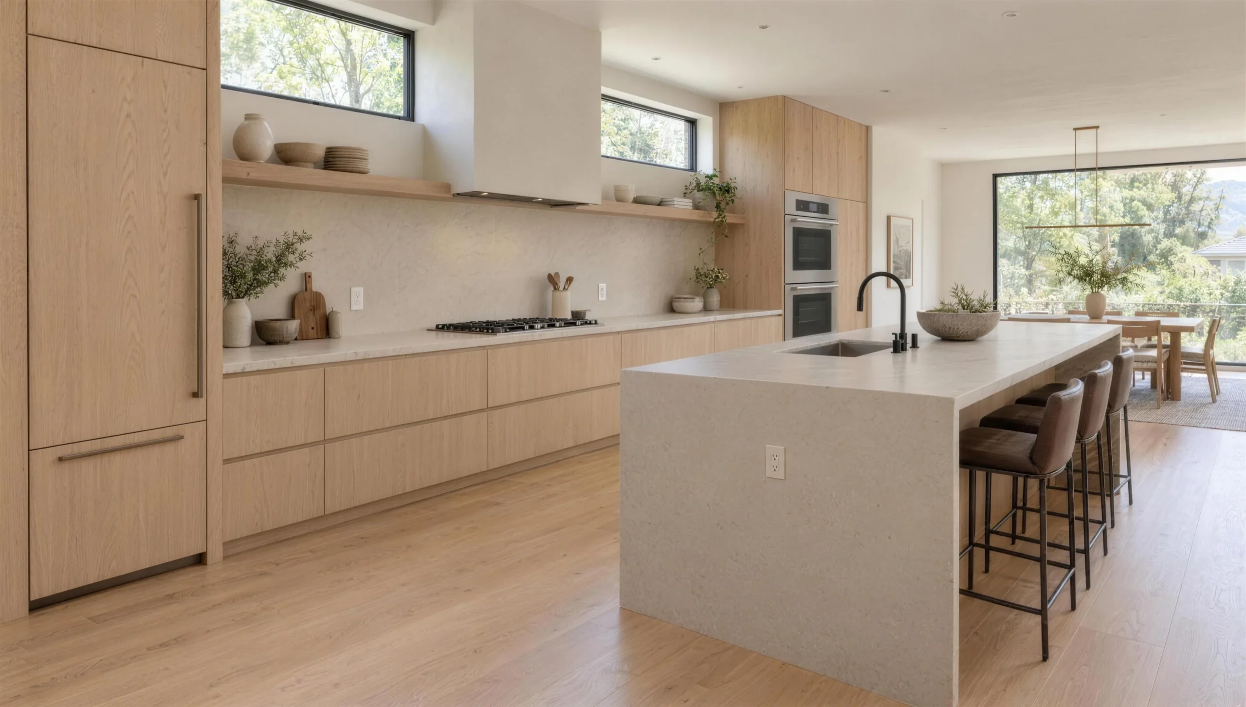 Kitchen with a long run of oak cabinetry and honed stone counters