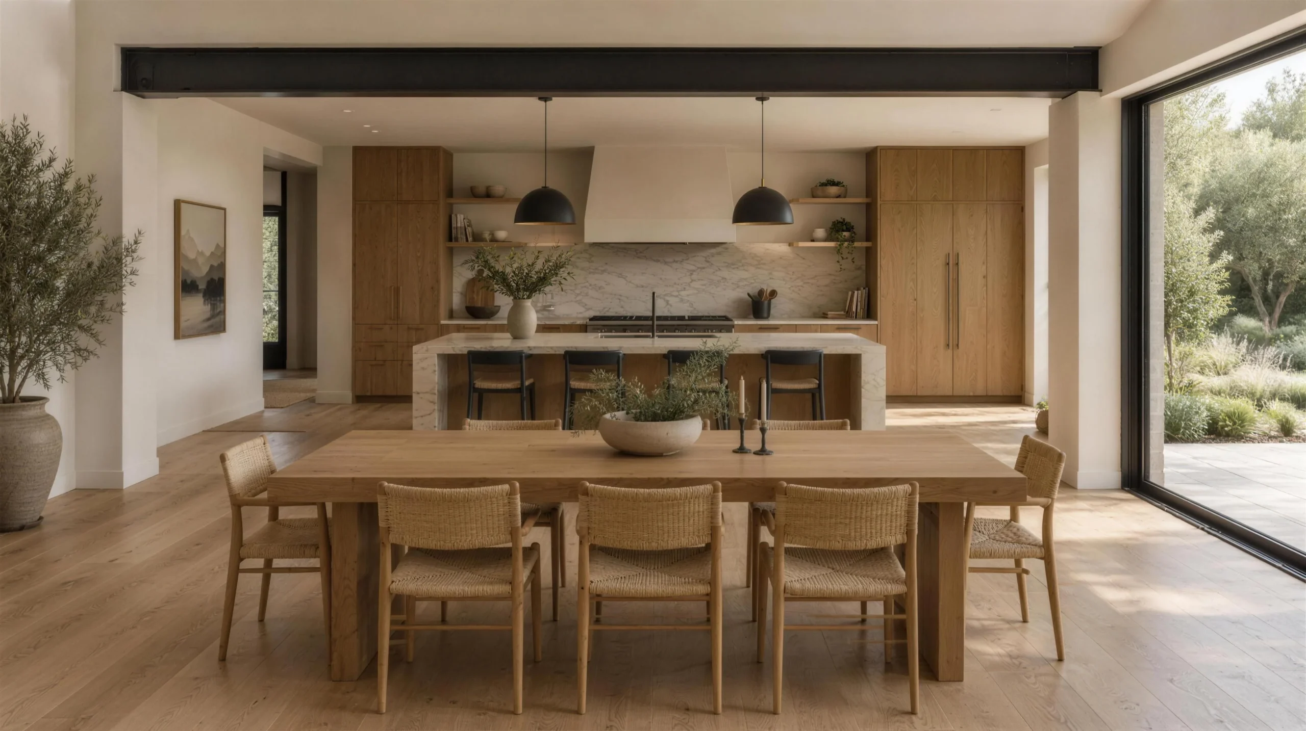 Open-concept dining and kitchen with an exposed steel beam where a wall was removed
