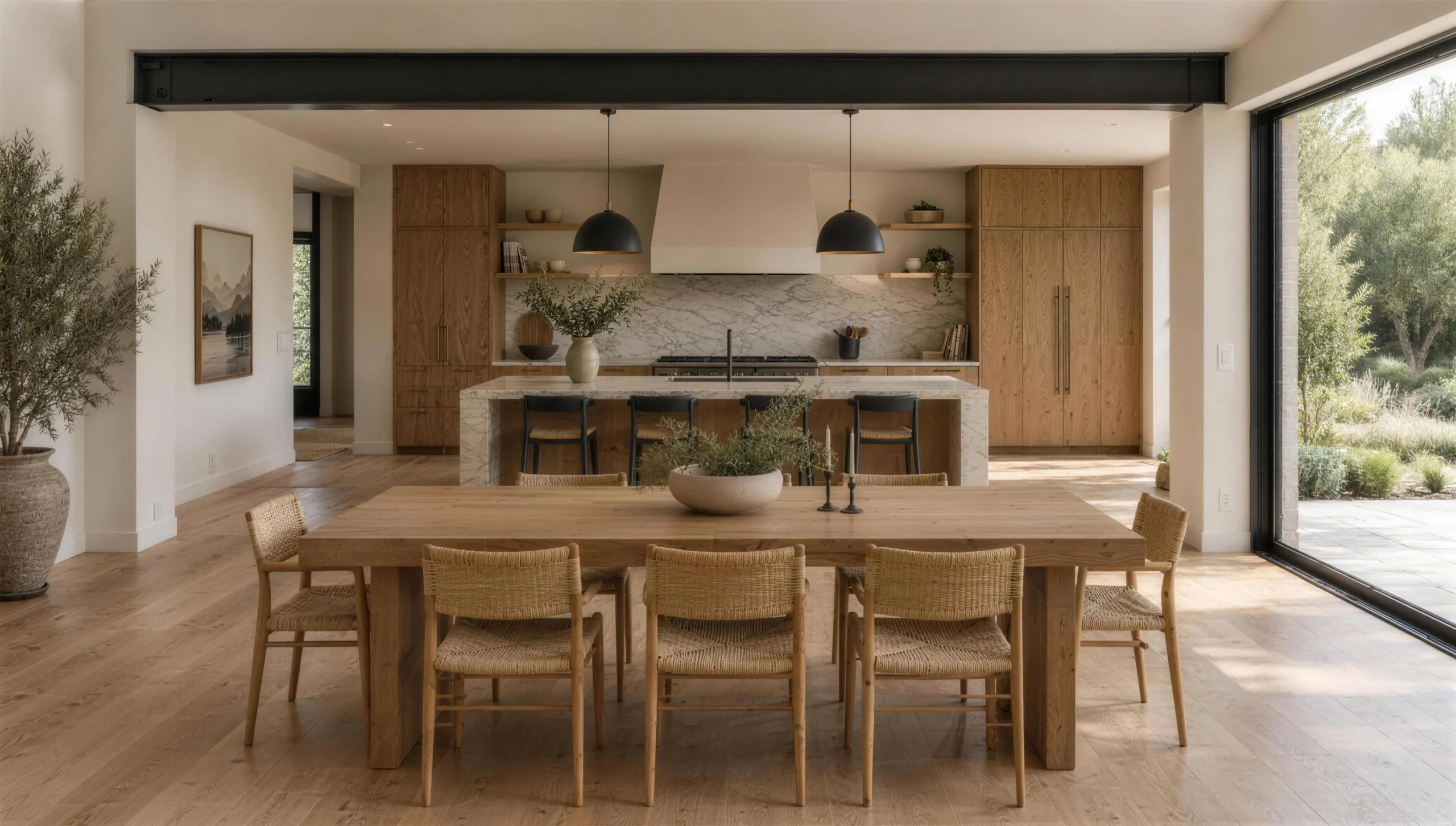 Open-concept dining and kitchen with an exposed steel beam where a wall was removed
