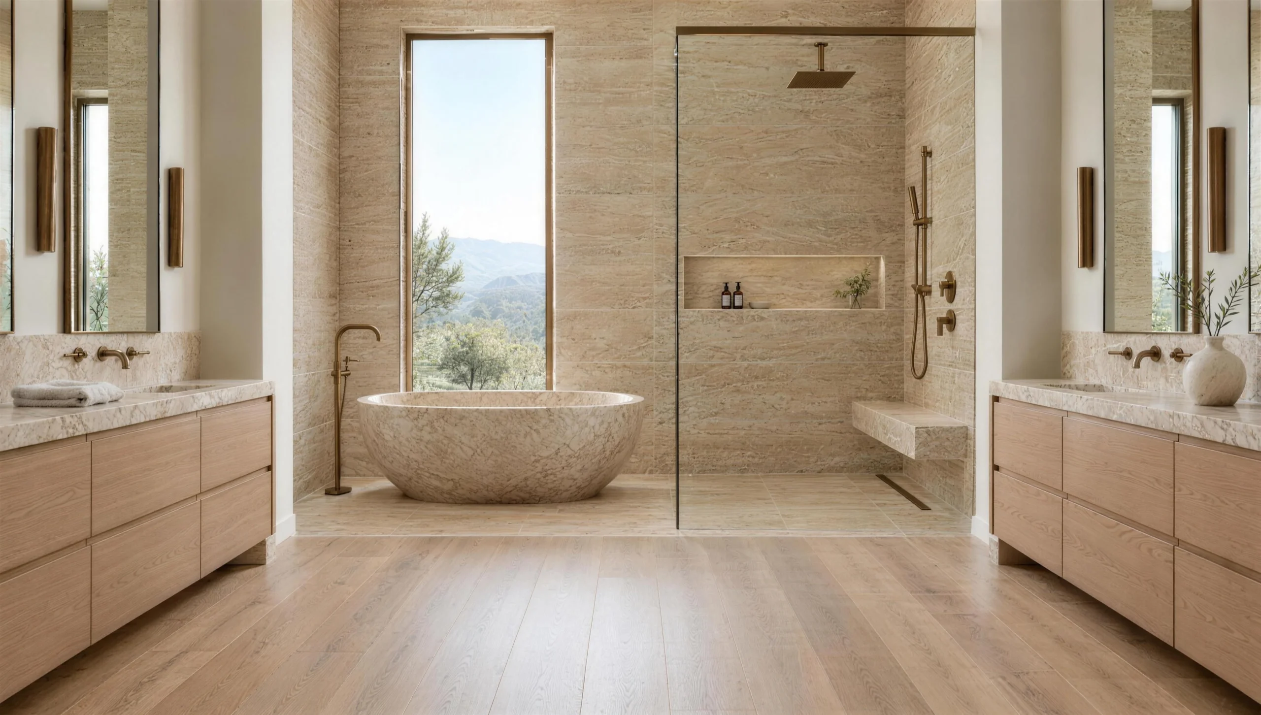 Primary bathroom with a spacious travertine walk-in shower, a stone soaking tub under a garden window and twin white oak vanities
