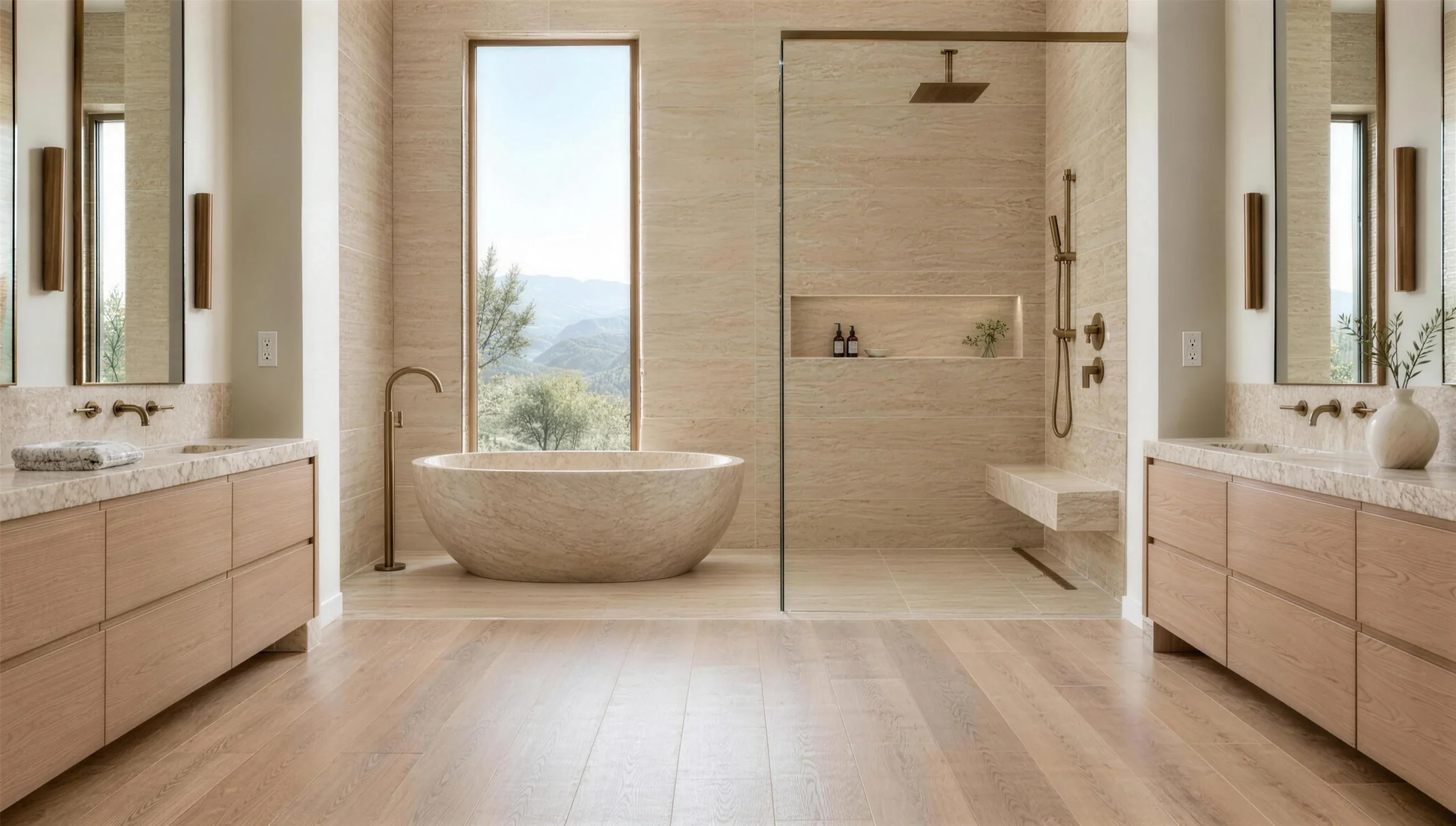 Primary bathroom with a spacious travertine walk-in shower, a stone soaking tub under a garden window and twin white oak vanities