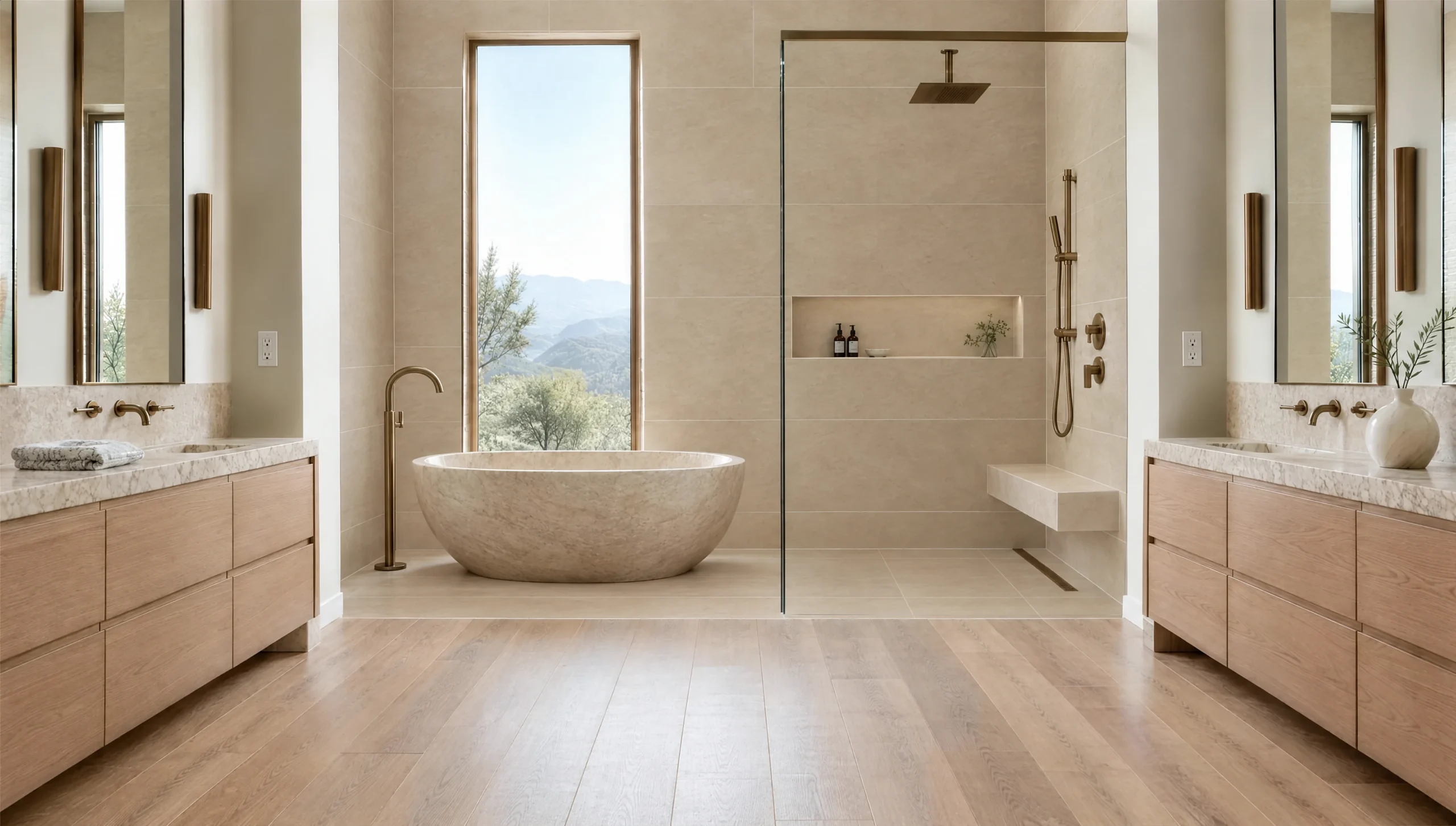 Primary bathroom with a spacious travertine walk-in shower, a stone soaking tub under a garden window and twin white oak vanities