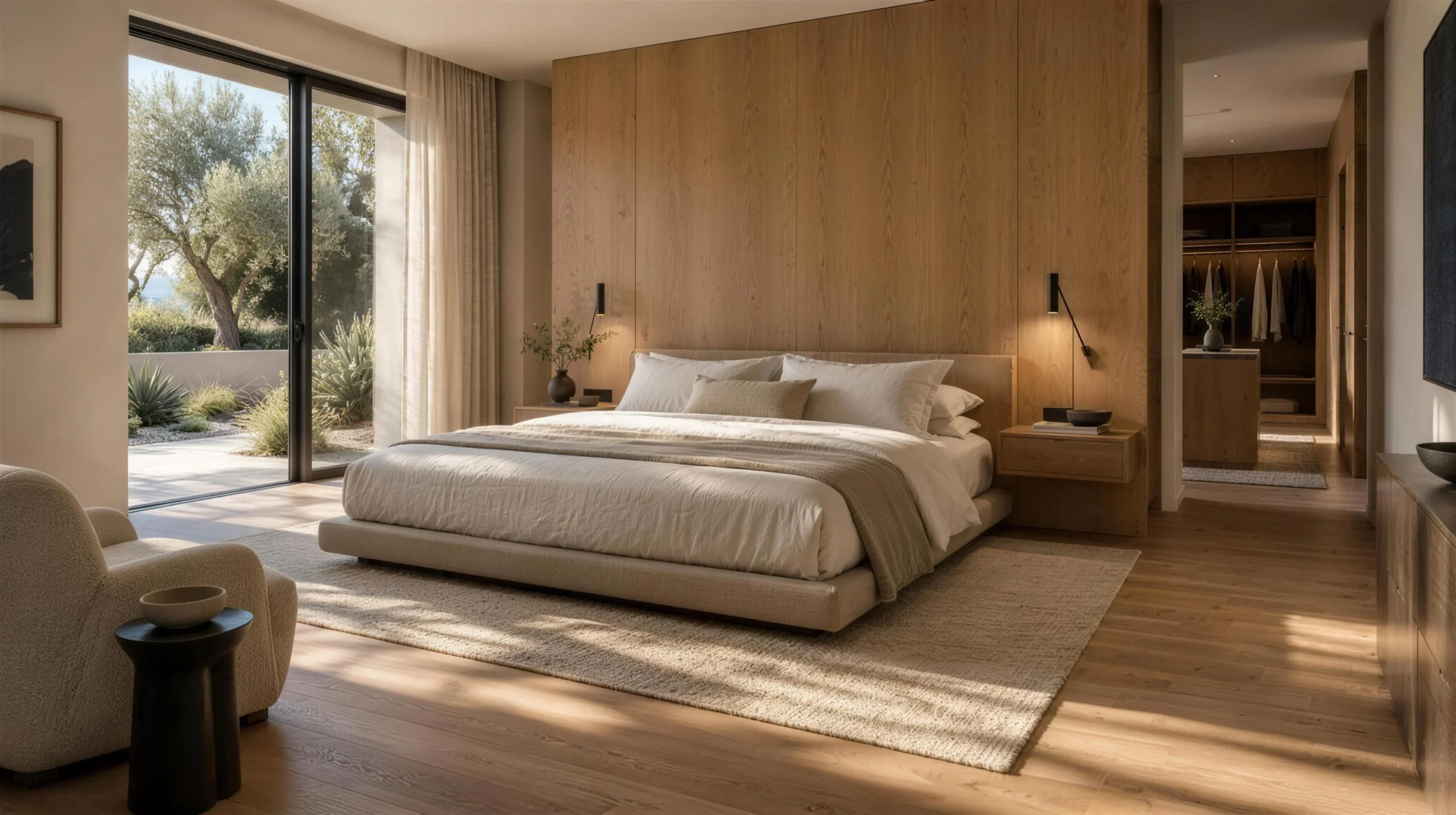 Primary bedroom suite with an oak headboard wall opening to a private garden