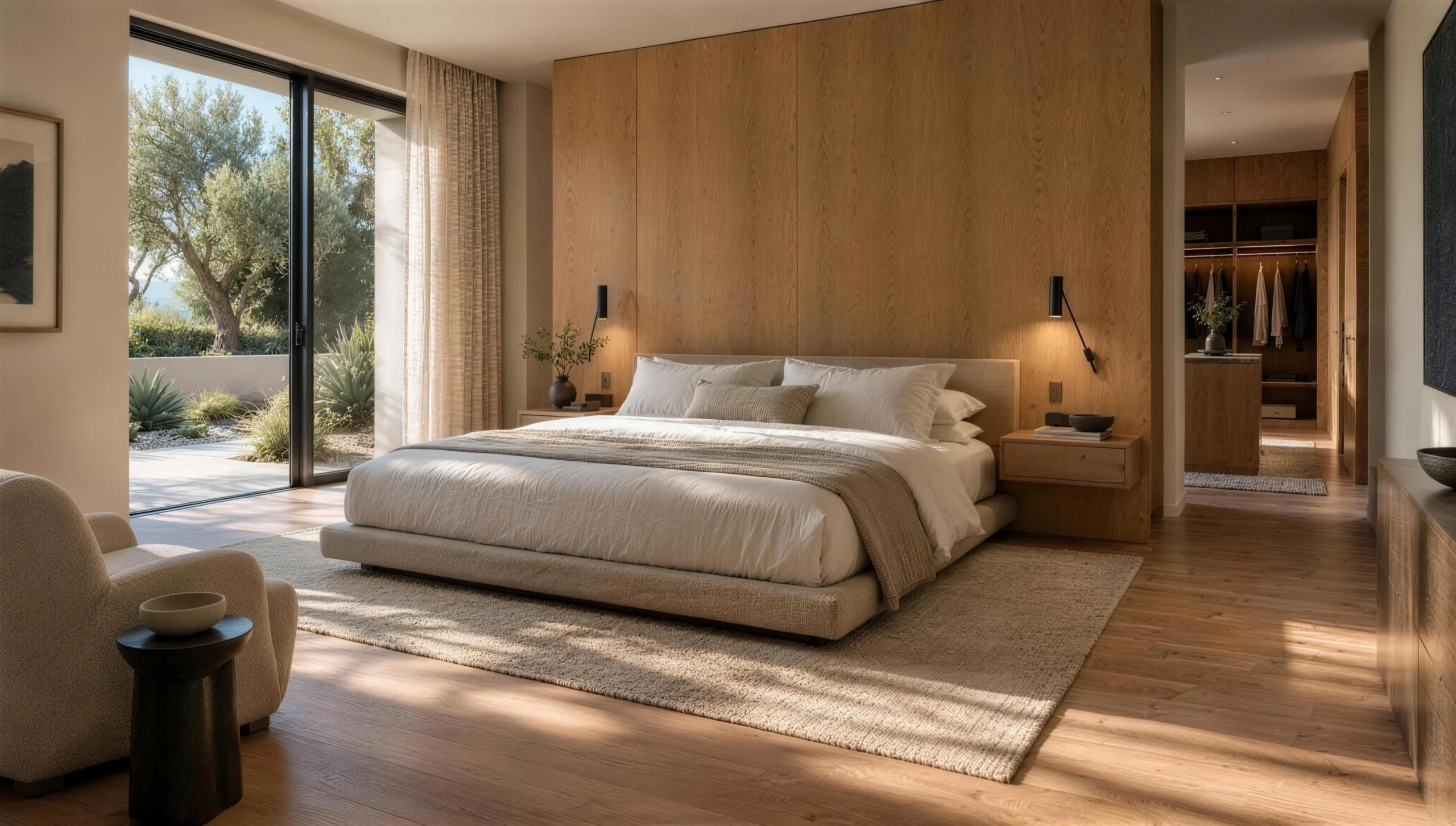 Primary bedroom suite with an oak headboard wall opening to a private garden