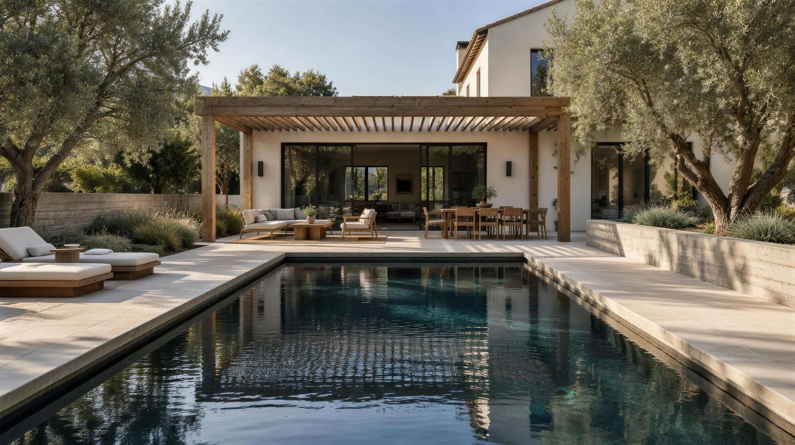 Backyard pool and limestone terrace with a timber pergola