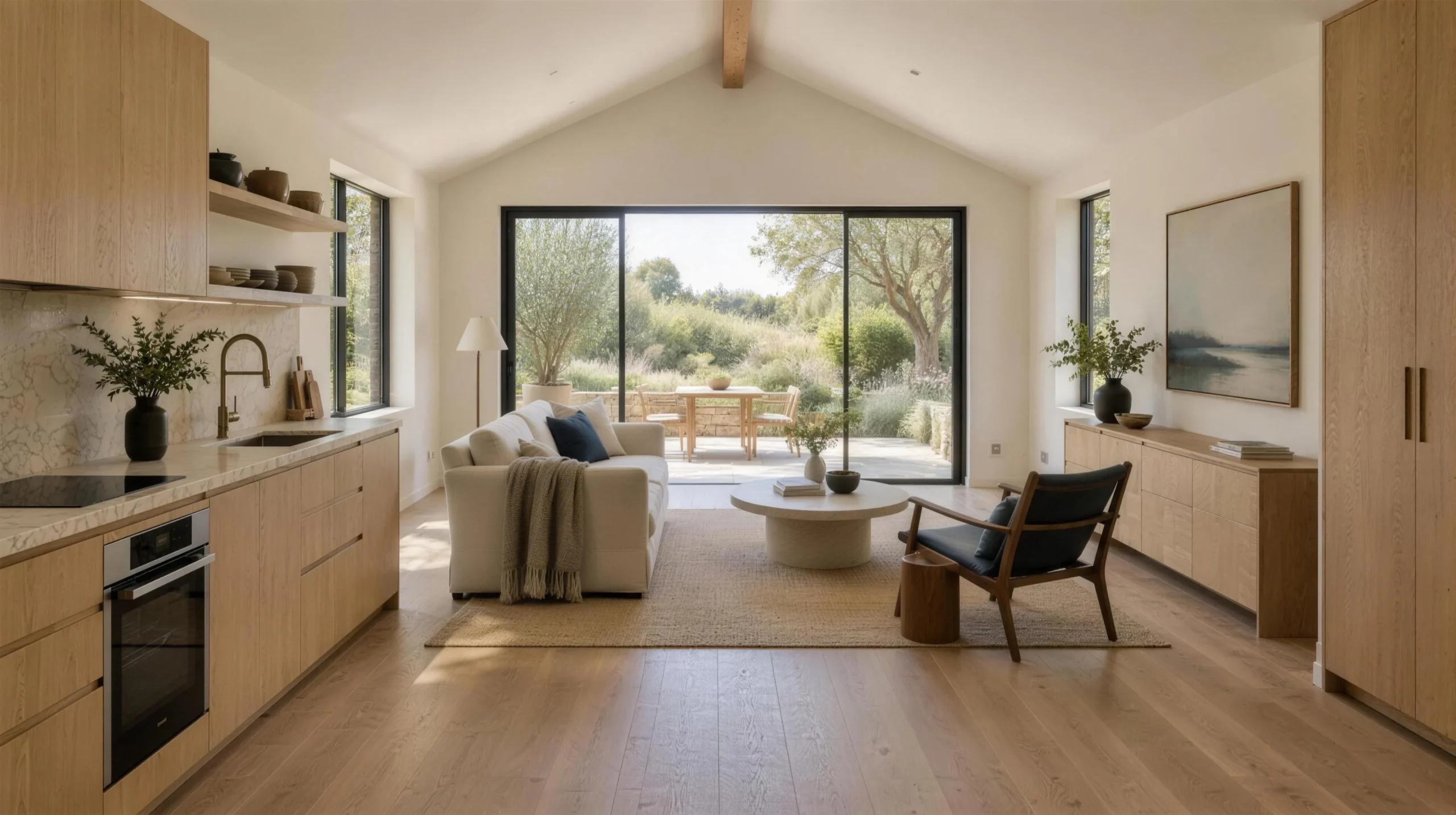 Interior of a detached studio guest house with vaulted ceiling and garden doors